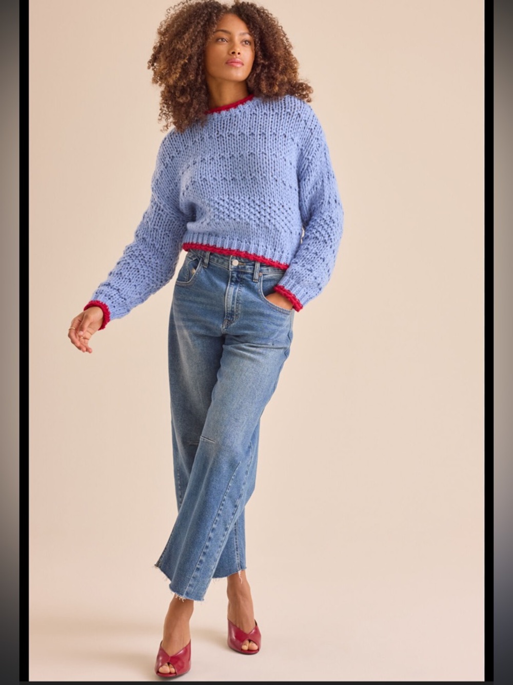 Lumiere Knit Chunky Red Trim Sweater Small Blue